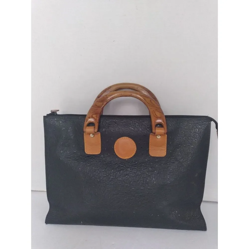Classic Black Textured Tote Bag with‎ Tan Leather Handles and Accent Detail